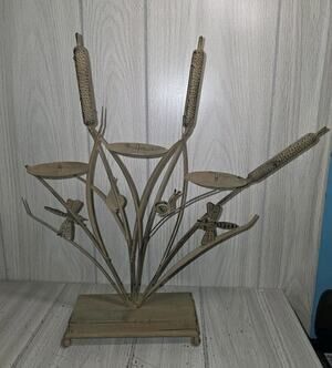 Vintage 3 Tiered Candle Holder Tole Ware Snail Dragonfly Cat Tails Reeds Metal